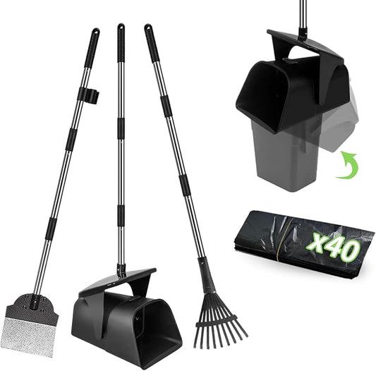 3pcs Heavy Duty Dog Pooper Scooper with 40 Bags, Long Handle Swivel Bin & Rake Spade for Large Medium Dogs, Pet Waste Removal for Yard Grass Gravel, Easy to Clean