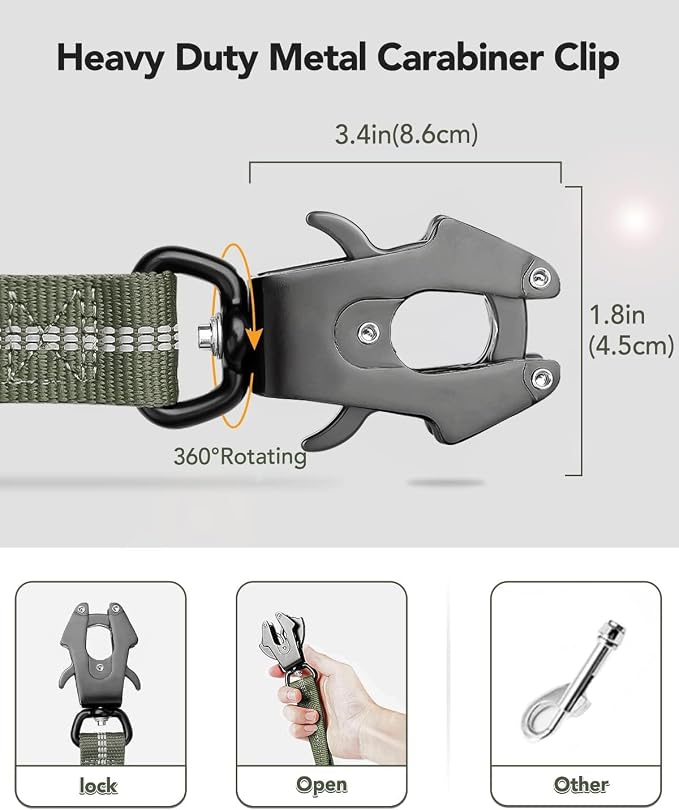 Joytale Tactical Bungee Dog Leash, Shock Absorbing No Pull, Army Green | for Large Dogs That Pull, 2 Padded Handles for Control, Car Seatbelt Clip, Reflective for Night Safety, Metal Frog Clip