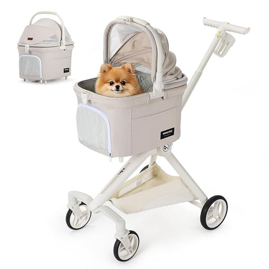TT Pet Stroller for Small Dog & Cats (Beige) | Detachable Carrier, Aluminum Alloy Frame, Adjustable Handle, Easy Installation, One-Touch Brake, Larger Rear Wheels