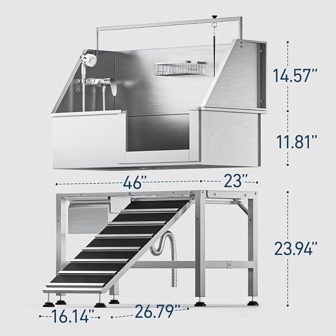 RDCMKL 46" Dog Washing Station, Leak-Proof 304 Stainless Steel Dog Bathtub with Non-Slip Removable Left Ramp & Storage Drawer, Elevated Pet Wash Station for Large Dogs, Garage & Outdoor Use