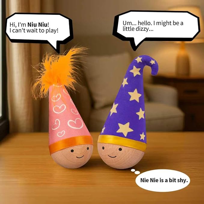 Lulu's world Wooden Interactive Cat Toy with Catnip - Niuniu Tumbler Wobble Toy for Indoor Cats, Self-Righting Chaser with Orange Feather (Pink)