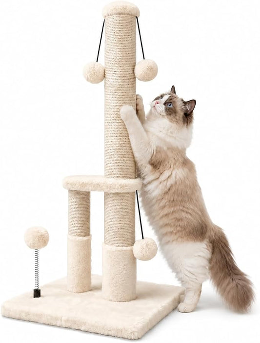 Dimaka Tall Cat Scratching Post, Double Lower Posts Extra Stable Cat Post Tree Scratcher with Sisal Rope and Teasing 4 Balls Total Large Base (Beige)