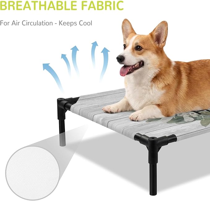Outdoor Elevated Dog Bed for Medium Dogs, Farmhouse Leaves Breathable Cooling Raised Dog Cot for Indoor/Outdoor, Florals Country Vintage Gray Wood Waterproof Elevated Pet Beds, M 24 x 20 in