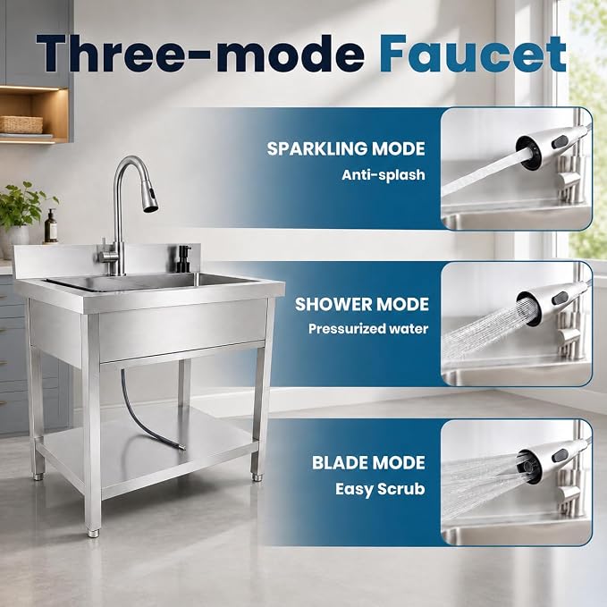 Pet Bathing Tub Station, Heavy Duty Utility Wash Basin for Garage Workshop, Freestanding Commercial Catering Sink, Single Bowl Laundry Station for Business Owners.