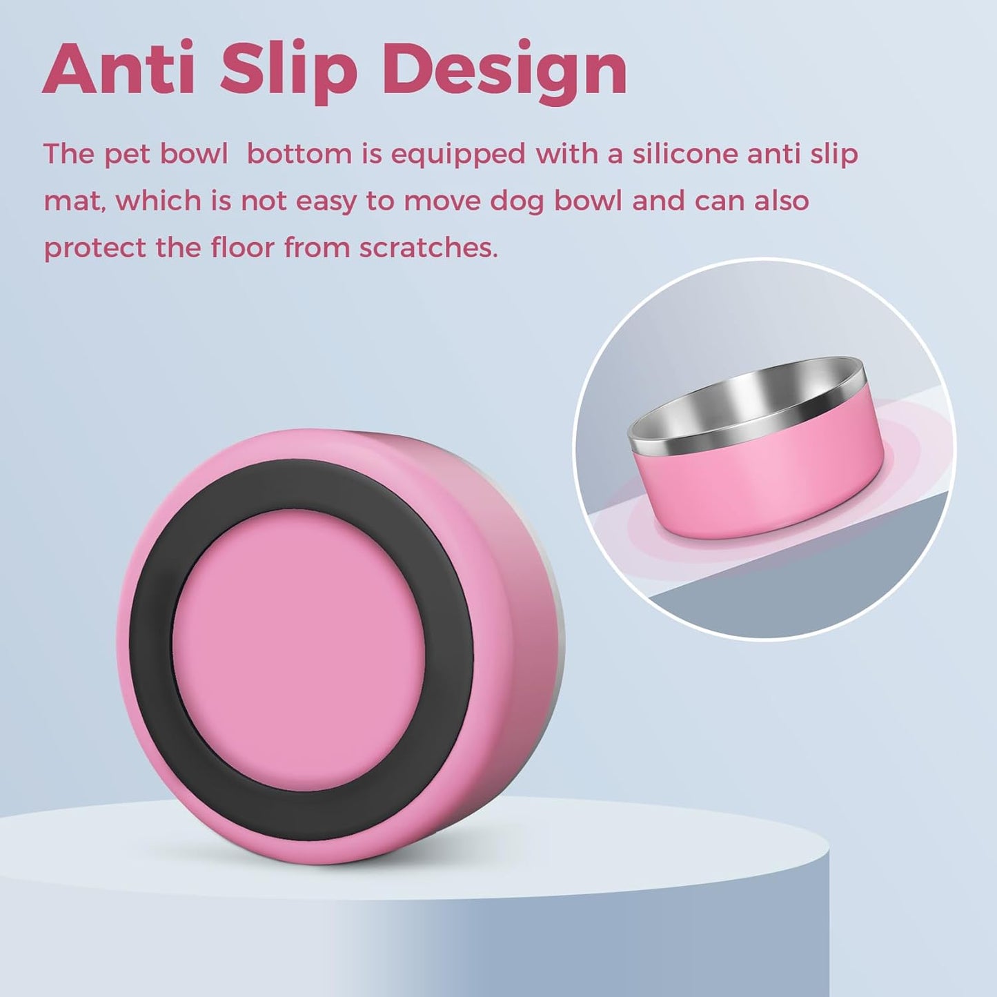 Dog Bowl, Stainless Steel Dog Food and Water Bowl with Non Slip Quiet Bottom, Easy to Clean, Dishwasher Safe, 40oz, Pink