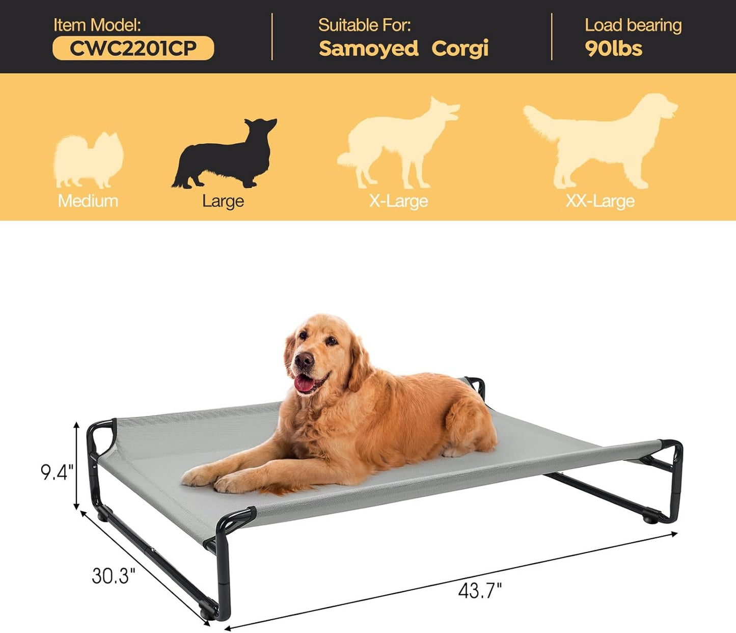 Veehoo Original Outdoor Elevated Dog Bed, Cooling Raised Dog Cot for Large Dogs, Portable Standing Pet Hammock Platform with Washable Breathable Mesh, No-Slip Feet, Large, Grey, CWC2201