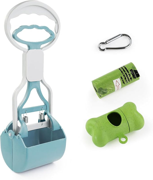 Andiker Dog Pooper Scooper with Short Handle, 10.23" Tall Dual-Spring Pet Pooper Scooper with 1 Roll of Dog Poop Bag and a Dispenser Easy to Use Dog Poop Scooper for Yard Picking Waste Up (Blue)