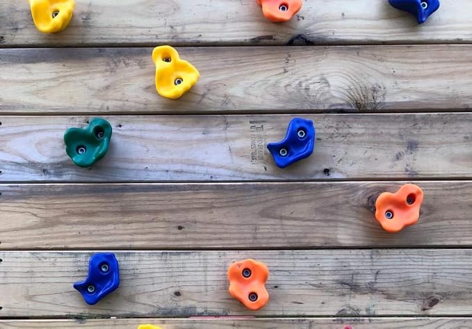 KINSPORY 20pc Rock Wall Climbing Holds for Kid, Play Set Climber Attachment | Colourful anti-slip pig nose rocks, two blue handles, complete mounting hardware for indoor outdoor playground building