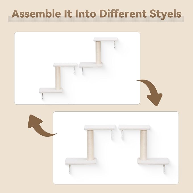 Meecal 6-in-1 Cat Wall Shelves, Wall Mounted Cat Furniture Set, Cat Shelves for Wall with Scratching Posts, Cat Bed & Bridge, Space Saving Cat Climbing Perch for Kittens, White