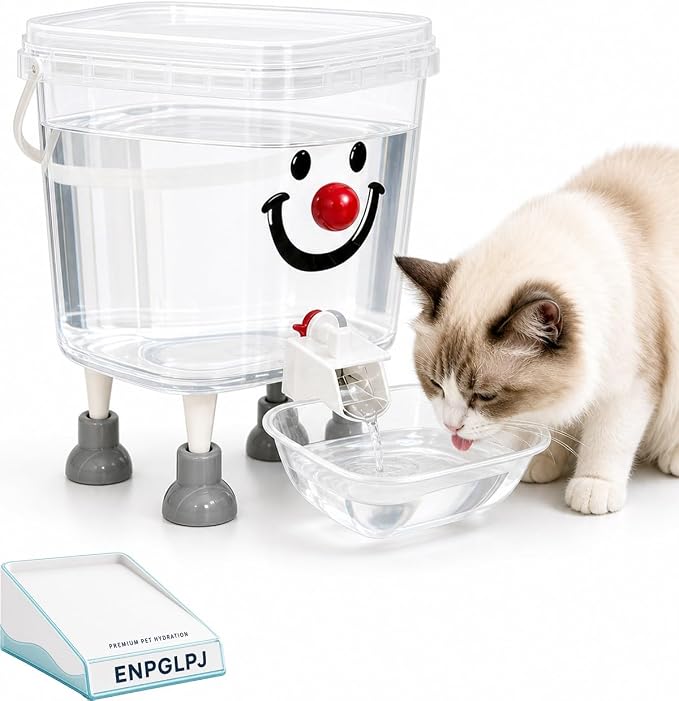 Pet Water Dispenser with Large Capacity Elevated Gravity Bowl for Dogs Cats | Clear plastic tank on sturdy raised stand feeds wide tray indoors outdoors daily hydration nopower cord refillable easy clean