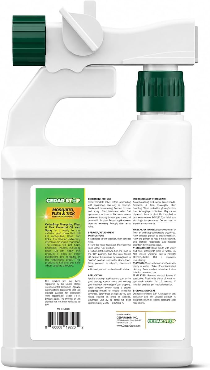 32 Ounce Essential Oil Yard Spray - Plant Based Flea, Tick and Mosquito Repellent Pest Control Spray Treatment and Insect Killer - Safe Around Kids, Pets, and Plants