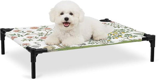 Outdoor Elevated Dog Bed for Medium Dogs, Pink Flowers Breathable Cooling Raised Dog Cot for Indoor/Outdoor, Trees Weeping Spring Floral Birds Waterproof Elevated Pet Beds, M 24 x 20 in