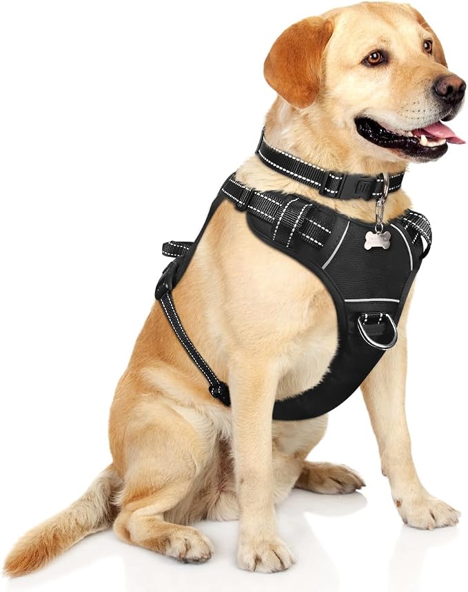 Dog Harness No Pull, Pet Harnesses with Dog Collar, Adjustable Reflective Oxford Outdoor Vest, Front/Back Leash Clips for Small, Medium, Large, Extra Large Dogs, Easy Control Handle for Walking