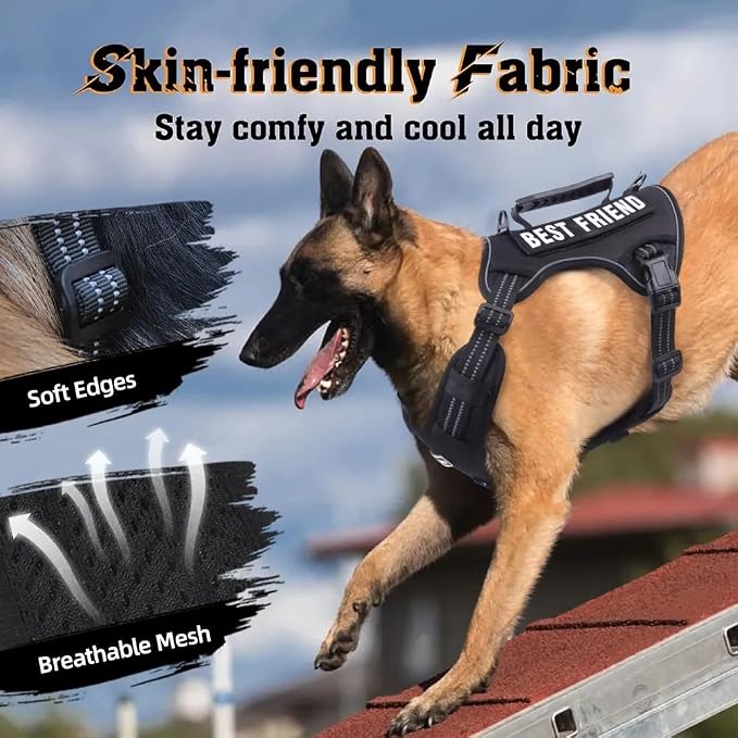 Tactical Dog Harness with Leash for Large Dogs, No Pull Adjustable Dog Harness, Reflective K9 Working Pet Vest for Walking, Training (Black, L)