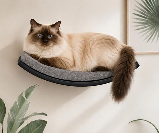 Curved Cat Wall Hammock Bed with Grey Foam Cushion – Floating Cat Wall Shelf Nest for Climbing, Sleeping & Lounging