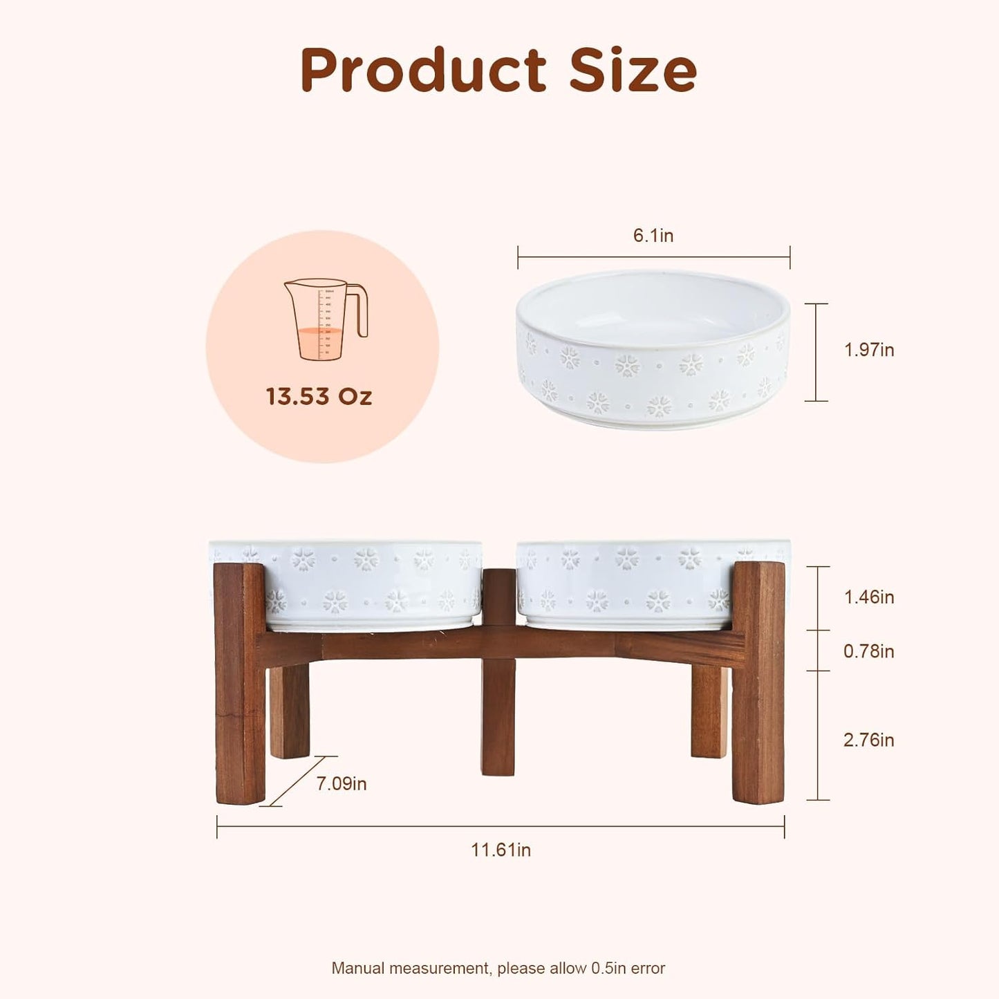 SPUNKYJUNKY Ceramic Dog Bowls Dog Bowl Set with Acacia Wood Stand Raised Dog Bowl Dog Food and Water Bowl for Small Medium Sized Dog (Shallow, 15.5cm)