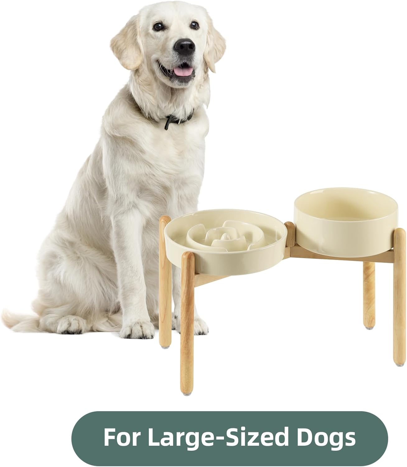Ceramic Raised Slow Feeder Dog Bowl Set, Elevated 8.2inch Bowl and 9.5inch Puzzle Slow Food Dish with Wooden Stand for Large Dog, Anti-Gulping (2X Beige+ Stand)