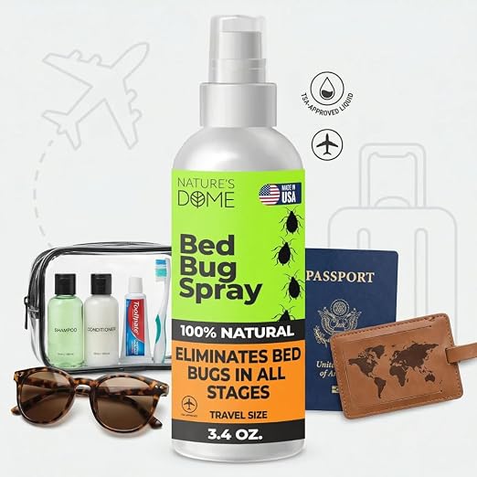 Nature's Dome TSA Approved Travel Bed Bug Spray (3.4 oz) – Natural Bed Bug & Mite Killer, Destroys Eggs on Contact, Non-Staining for Hotel Mattresses & Luggage