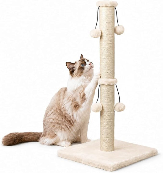 Dimaka 34'' Cat Scratching Post, Cat Scratching Post, Cat Scratcher for Large Cats with Teasing Toy Ball, Natural Sisal White and Grey (Beige)