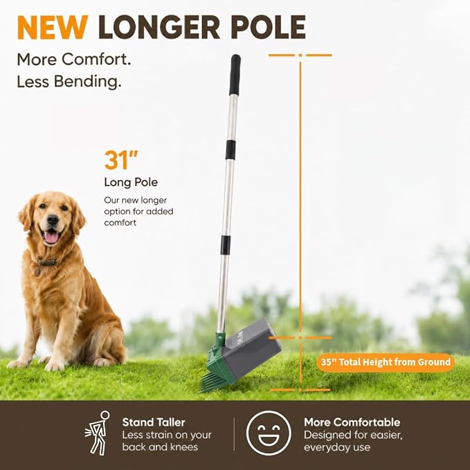 Neater Pet Brands Lift N’ Bag 2.0 Dog Pooper Scooper with Bag Attachment & 31" Pole for Small to Large Dogs, New Longer Pole, 15 Refill Bags, Heavy Duty Dog Poop Scooper for Yard, One-Hand Use