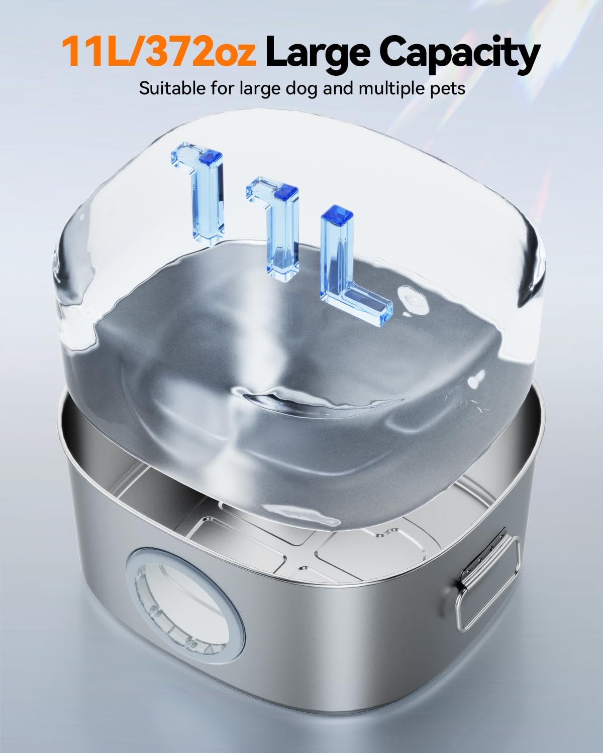 Dog Water Fountain Stainless Steel, 11L/2.8Gal Large Pet Fountain for Large Dogs Inside, Dog Fountain Water Bowl Dispenser with Visible Window & LED, Ultra Quiet for Multi-Pet (Filters)