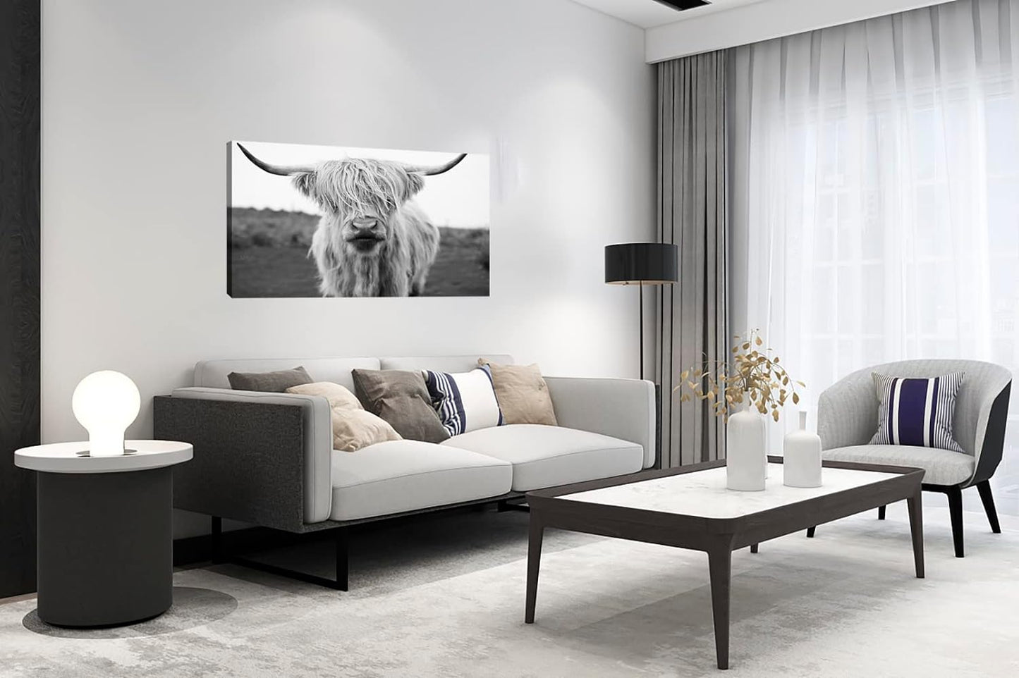 XXMWallArt FC3662 Highland Cow Canvas Art - Black and White Animal Wall Decor for Living Room, Bedroom, Office