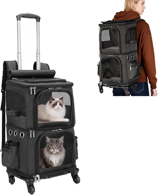 HOVONO Double-Compartment Cat Carrier Backpack with Wheels for Two Pets | Pet Rolling Carrier for Smalls Cat and Dogs, Perfect for Traveling / Walking/ Vet, Up to 12 lbs each, Black