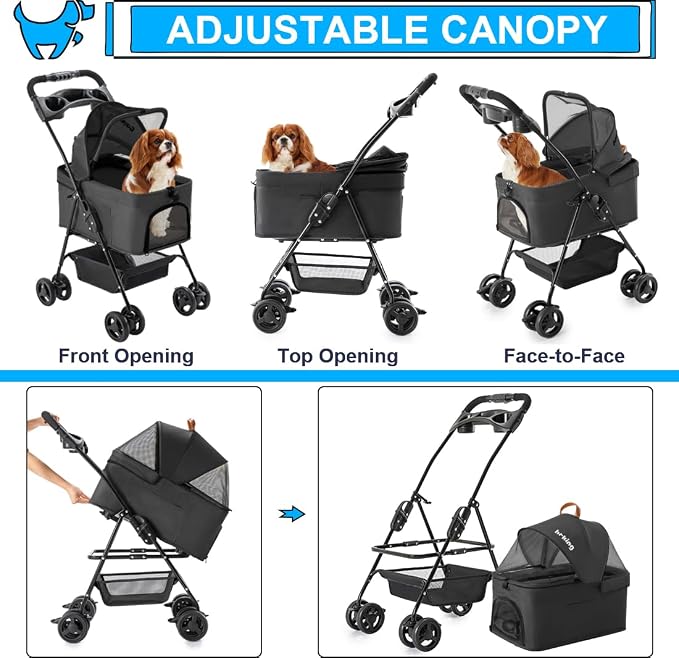 3-in-1 Pet Stroller for Small Dogs and Cats, Folding Lightweight Dog Stroller with Detachable Carrier Portable Cat Puppy Jogging Stroller with Cup Holder and Storage Basket, 4 Wheels