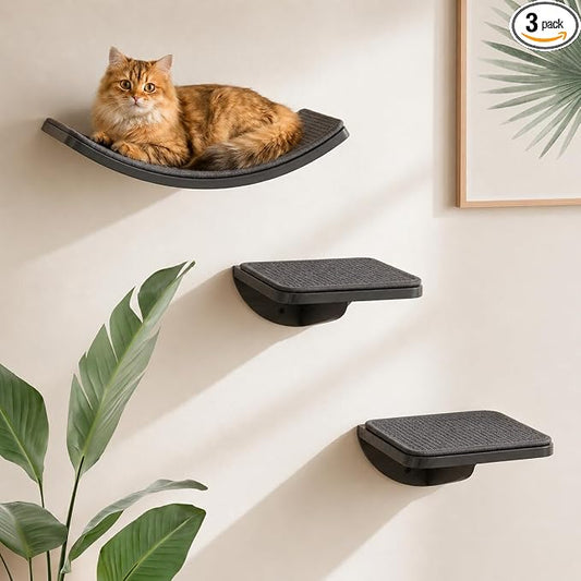 Cat Wall Shelves for Large Cats Set, Grey Curved Wall Sisal Bed and 2 Floating Wall Sisal Steps, Wall Mounted Climbing Shelves for Sleeping, Playing, and Lounging