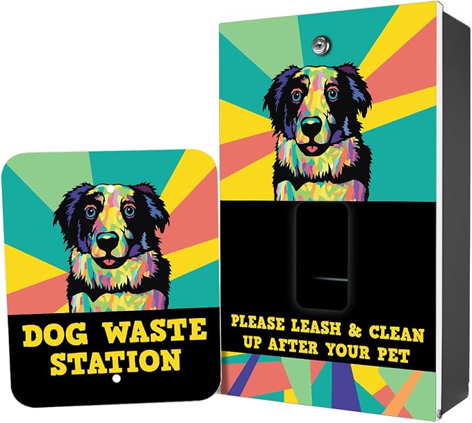 Dispense-Art Collection Pop Art Australian Shepherd - Custom UV Printed Design on Rust-Proof Aluminum Dog Waste Station with 10-Gallon Lidded Can, 400 MittN Dog Waste Bags & 25 Can Liners