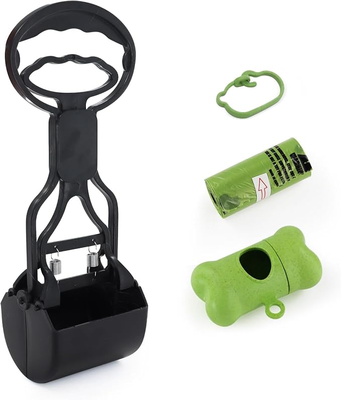 Andiker Dog Pooper Scooper with Short Handle, 10.23" Tall Dual-Spring Pet Pooper Scooper with 1 Roll of Dog Poop Bag and a Dispenser Easy to Use Dog Poop Scooper for Yard Picking Waste Up (Black)