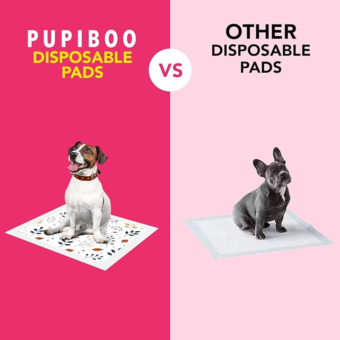 Pupiboo Disposable Dog and Cat Training Pads – Leaves Pattern, Highly Absorbent Pee Pads, Leak Proof Backing, Pheromonal Attractant for Housebreaking & Potty Training – 23x23 in (100 Count)