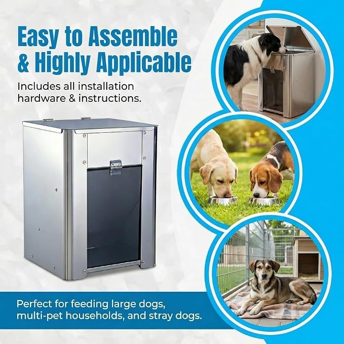 6.8L(15 lbs) Gravity Dog Feeder – Stainless Steel Automatic Pet Food Dispenser, No Power Outdoor Dog Feeder, for cat and Small Dog, Wall Mount or Floor Pet Feeding Station,Weather-Resistant
