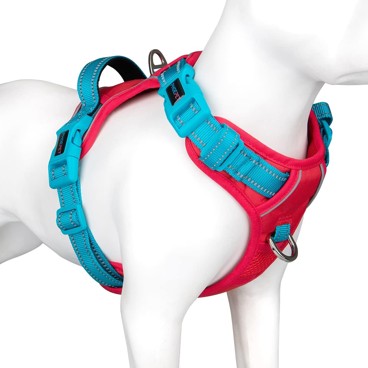 PHOEPET No Pull Dog Harness, Unique Colors Reflective Adjustable Dog Vest, with Soft Training Handle Metal Clips for Small Medium Large Dogs (Red Base & Teal Straps,L)