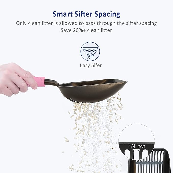 Cat Litter Scoop, Non-Stick Plated Aluminum Alloy Sifter, Kitty Durable Metal Scooper, Deep Shovel, Long Handle, Kitten Pooper Lifter, Size Large, Coated Black Body with Pink Handle