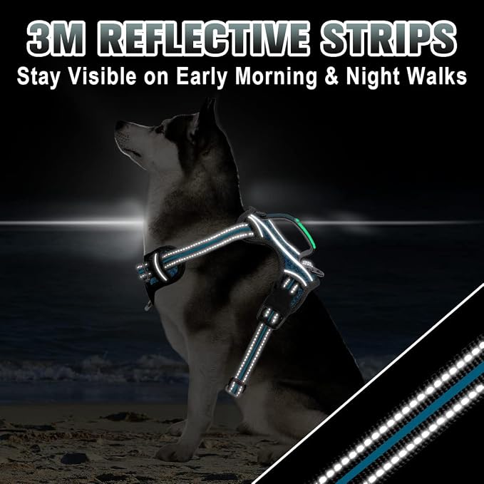 BARKBAY No Pull Dog Harness Large Reflective Dog Harness with Front Clip and Easy Control Handle for Walking Training Running with ID tag Pocket(Blue/Black,L)
