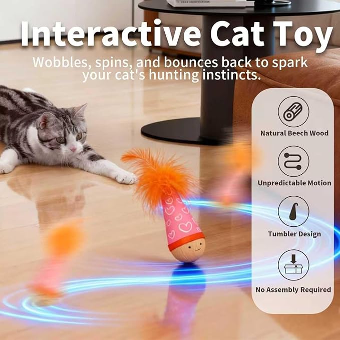Lulu's world Wooden Interactive Cat Toy with Catnip - Niuniu Tumbler Wobble Toy for Indoor Cats, Self-Righting Chaser with Orange Feather (Pink)