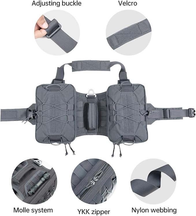 EXCELLENT ELITE SPANKER Nylon Dog Backpack with 2 Side Pockets for Hiking | Adjustable Tactical Dog Pack Hound Saddle Bag Harness for Medium & Large Dog Traveling Camping Walking Training Running
