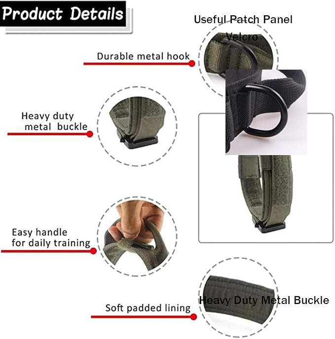 Tactical Dog Collar and Leash Set for Large Dogs with Control Handle，Green | 1000D Heavy-Duty Nylon Fabric,Quick-Release Metal Buckle,Adjustable Fit,Soft-Padded Webbing,D-Ring,for Training & Hiking,S