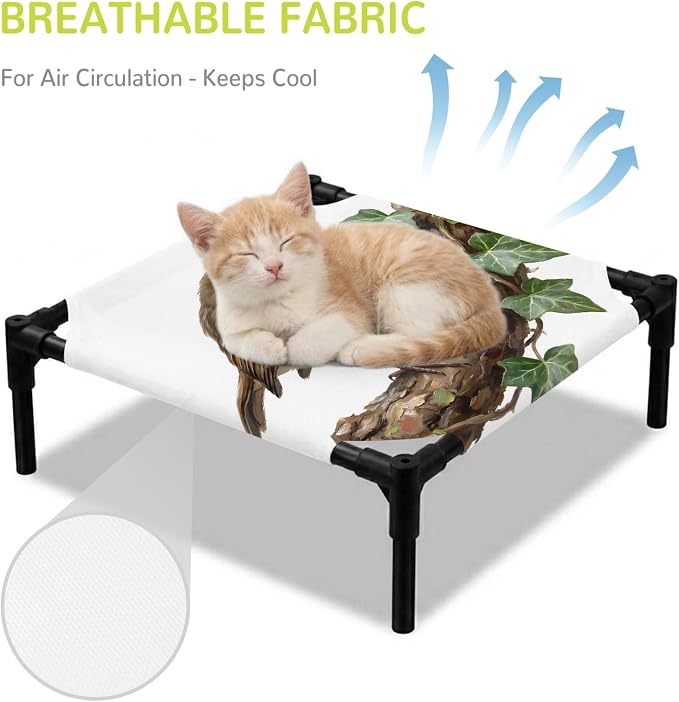 Outdoor Elevated Dog Bed for Small Dogs, Bird Breathable Cooling Raised Dog Cot for Indoor/Outdoor, Ivy Branch Animal Green Botanical Leaf Waterproof Elevated Pet Beds, S 20 x 20 in