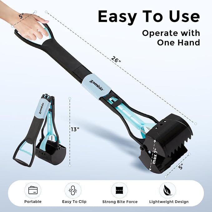 ZOMISIA 26" Pooper Scooper with Waste Bags - Poop Scooper for Large Dogs with Long Handle High Strength Material and Durable Spring for Yard, 30 Count Poop Bags