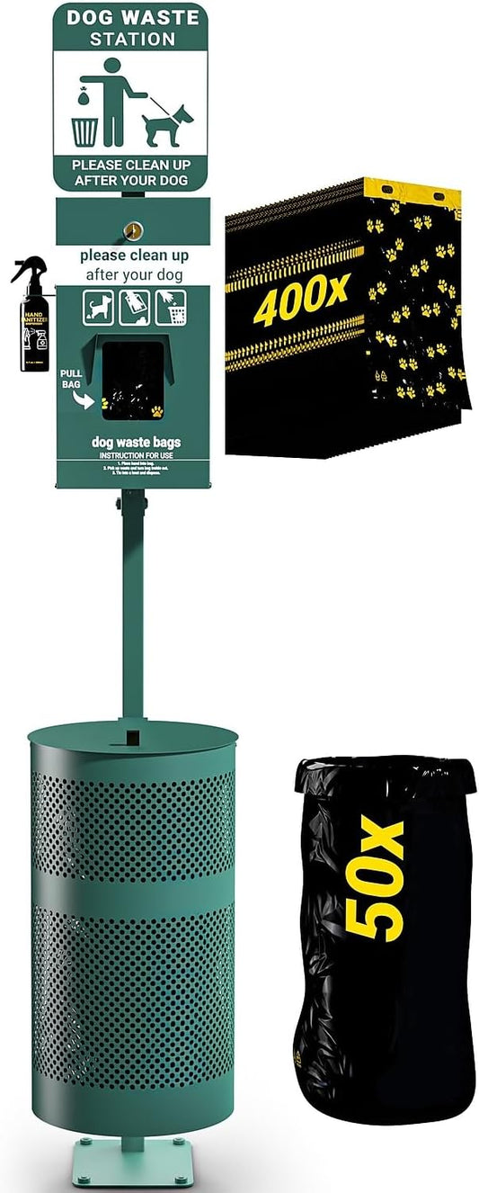 Flash Furniture Pet Waste Station with Glow in The Dark Sign, Green | Bag Dispenser, Hand Sanitizer Bottle, Trash Can with Lid, Includes 400 Pull Out Bags & 50 Can Liners, Commercial Use