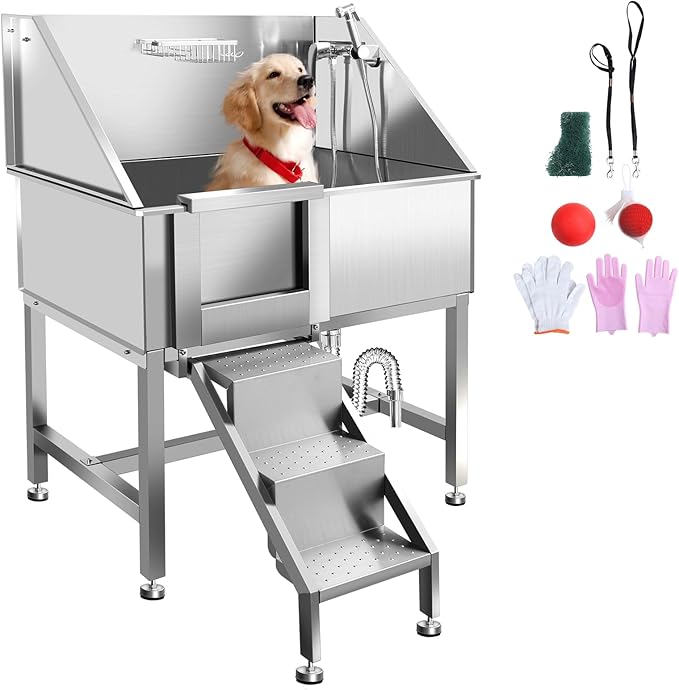 38" Stainless Steel Dog Washing Stations for Large Dogs, Pet oming Tub for Home, Professional Pet Bathtub Bathing Station, Cat Wash Station, Dog Shower Tub with Stairs, Drain & Door,L-Door
