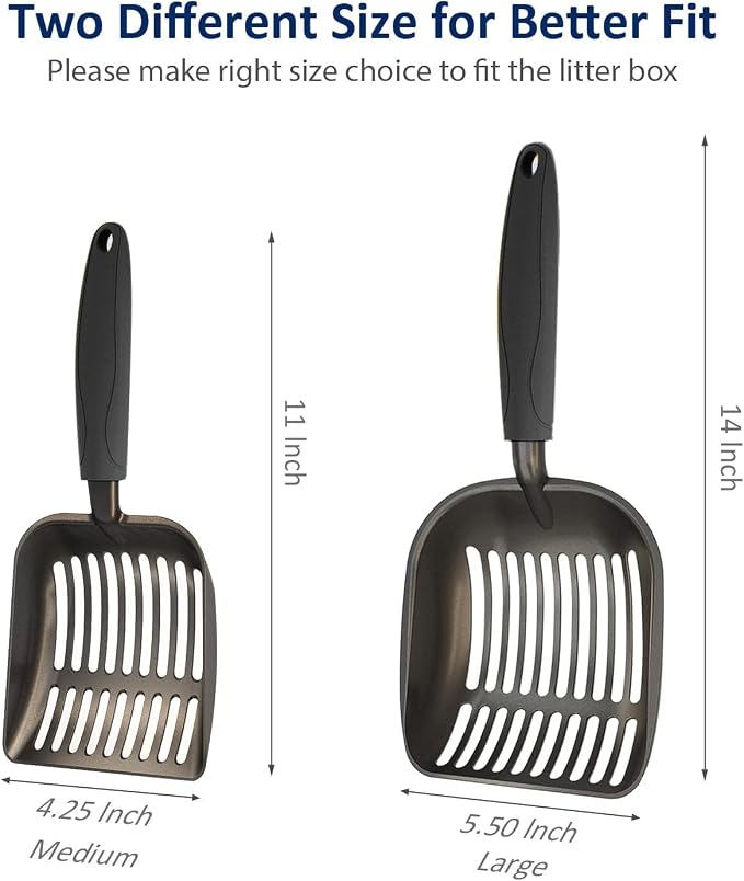 Cat Litter Scoop, Non-Stick Plated Aluminum Alloy Sifter, Kitty Durable Metal Scooper, Deep Shovel, Long Handle, Kitten Pooper Lifter, Size Large, Coated Black Body with Black Handle
