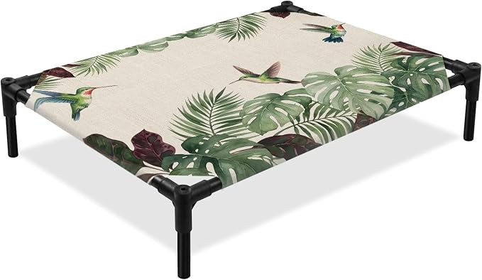Outdoor Elevated Dog Bed for Large Dogs, Summer Hummingbirds Breathable Cooling Raised Dog Cot for Indoor/Outdoor, Tropical Palm Leaves Farmhouse Rustic Waterproof Elevated Pet Beds, L 28 x 22 in