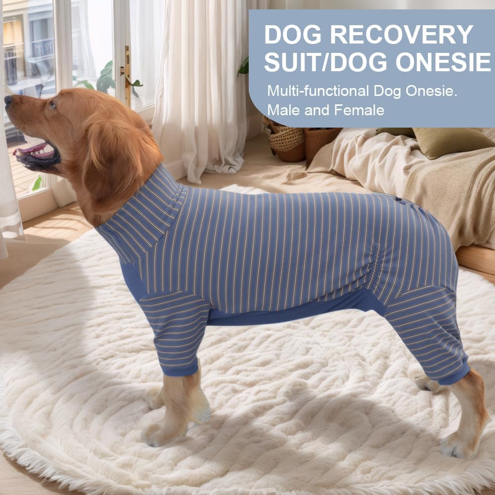 Dog Pyjamas PJS Sweater Clothes and Home Clothing Suitable for Large to Giant Breeds of Dogs, Dog Surgery Recovery Suit, Extra-Large Stretch Fabric, Four-Legged (Thickened Blue Stripes, L)