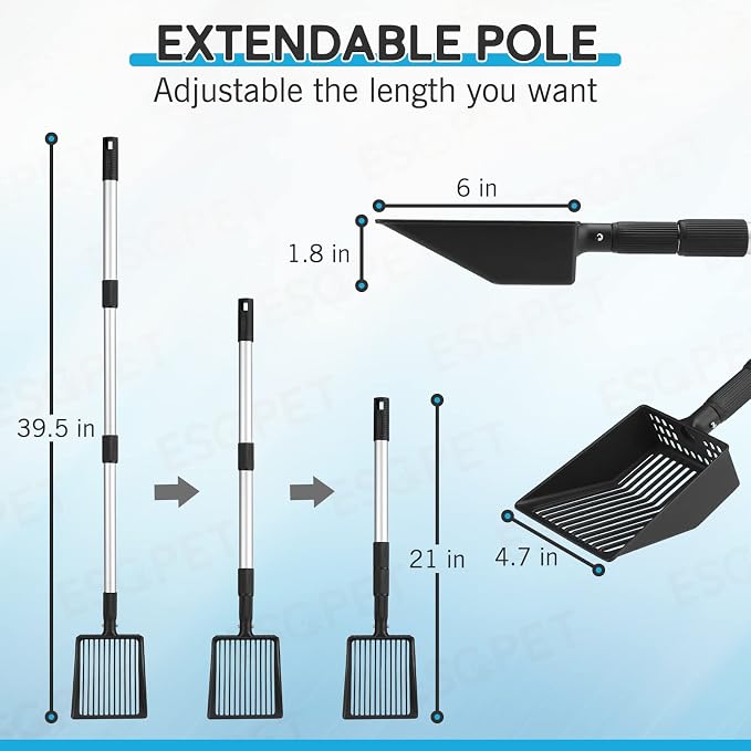 Cat Litter Scoop, Deep Shovel with Metal Long Handle, 21"-39.5" Telescopic & Adjustable Heavy Duty Fast Sifting Shovel Kitty Litter Scooper for Sifting Cats Litter