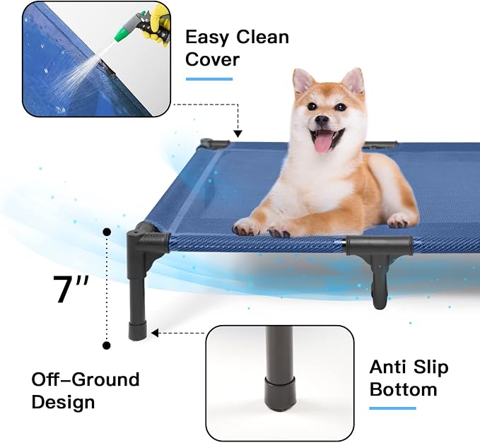 Elevated Dog Bed for Medium Dogs, Dual Support Cooling Cot with Teslin Mesh, Portable Waterproof Pet Bed for Indoor/Outdoor Use, Large, 36x30x7 Inch, Blue