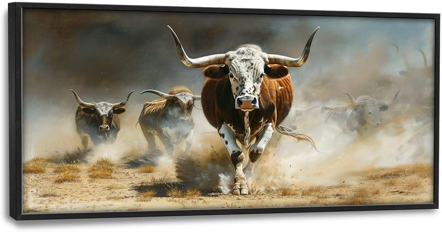 Highland Cow Large Wall Art Western Running Longhorn Pictures Rustic Wild Animal Wall Decor Canvas Print Painting Artwork for Bathroom Living Room Bedroom 60L" x 30W"