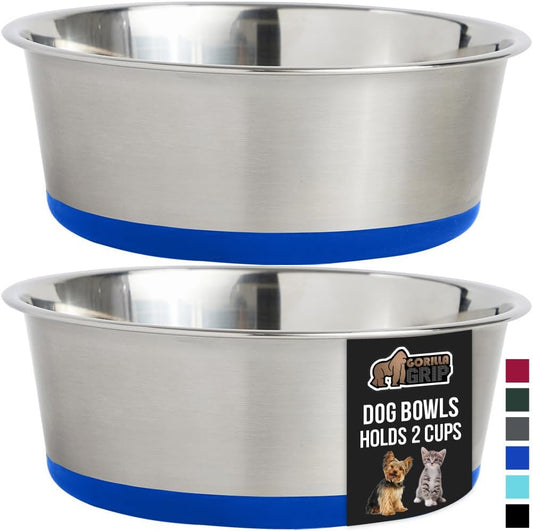 GORILLA GRIP Set of 2 Dog Bowls, Heavy Duty Metal Food and Water Bowl for Feeding Dogs and Cats, Dishwasher Safe, Rust Resistant Stainless Steel, BPA Free Rubber Base, Holds 2 Cups (16 fl oz), Blue